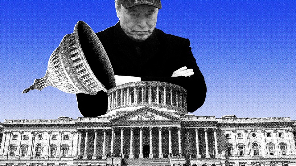 Illustration of Elon Musk peering into the U.S. Capitol with the dome flipped open