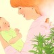 Illustration of a mother smiling at her happy baby, with abstracted cannabis leaves and a smaller version of the mother smoking.