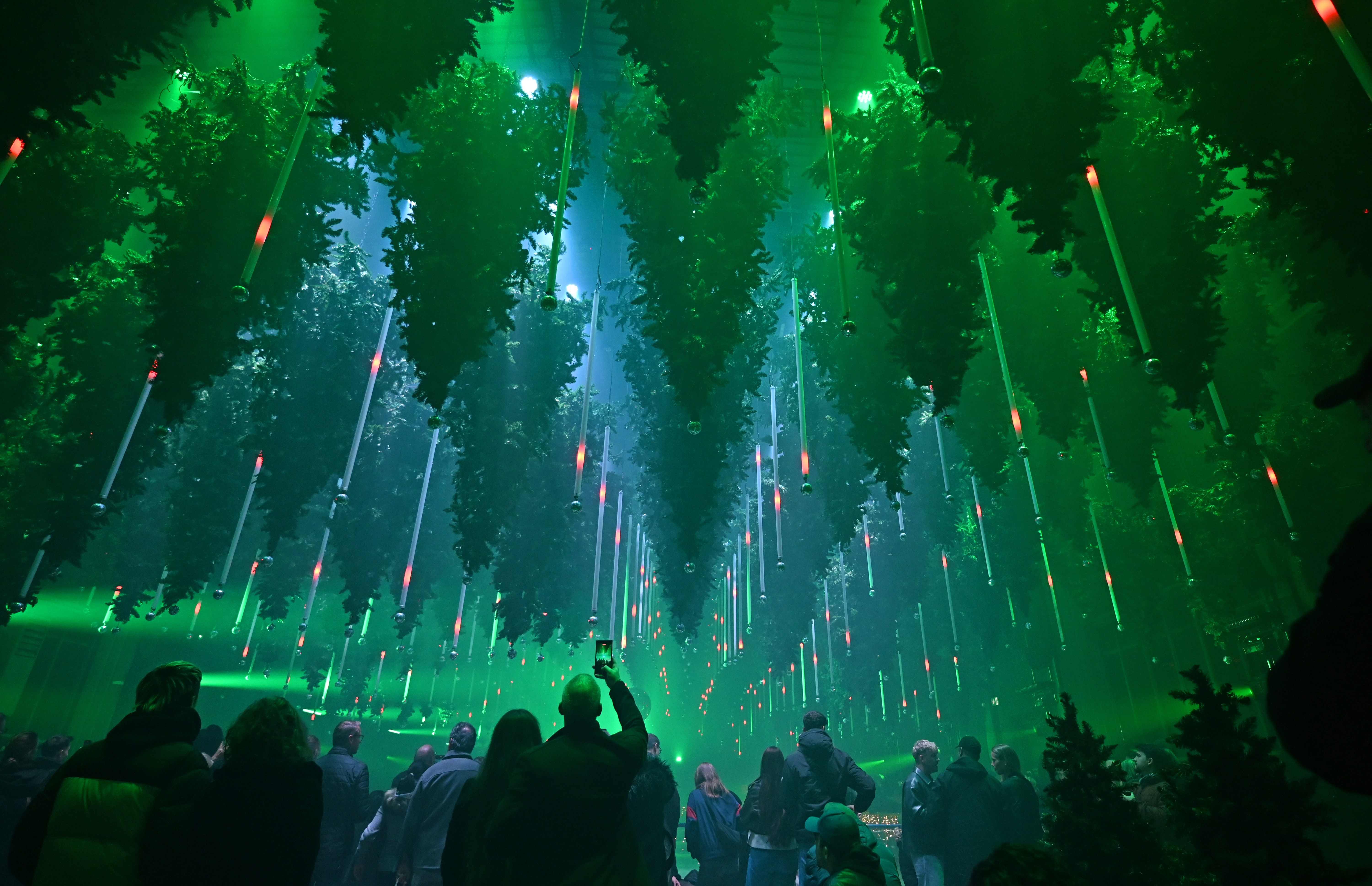 People take photographs of hundreds of Christmas trees that have been suspended upside-down above an ice rink and illuminated.