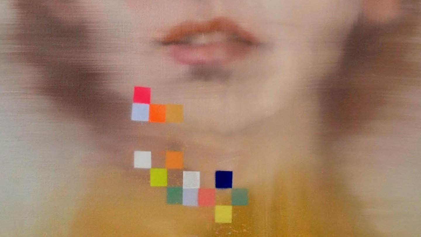 a painting of woman's mouth blurred with falling colored squares