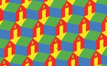 A repeated illustrated patten of red, green, and blue houses on a yellow background