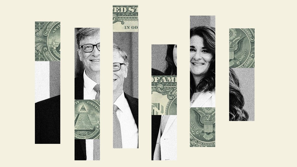 A fragmented photo of Bill and Melinda Gates, superimposed with fragments of money