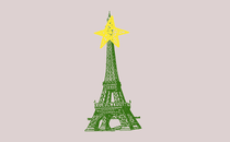 A green Eiffel Tower topped with a Christmas-tree star