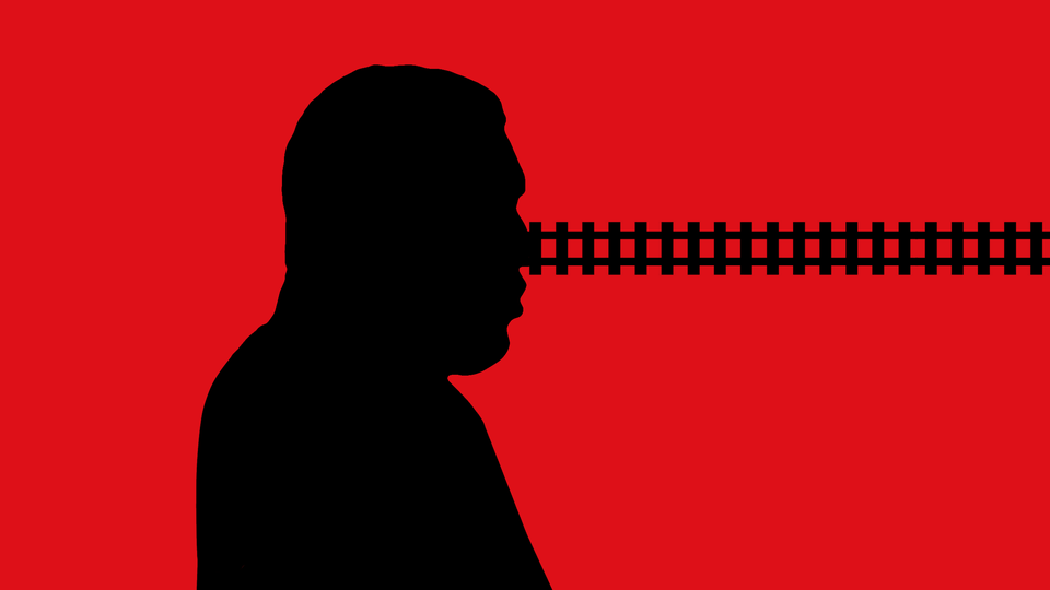 Train tracks emerge from a silhouette of Hugo Chávez's face.