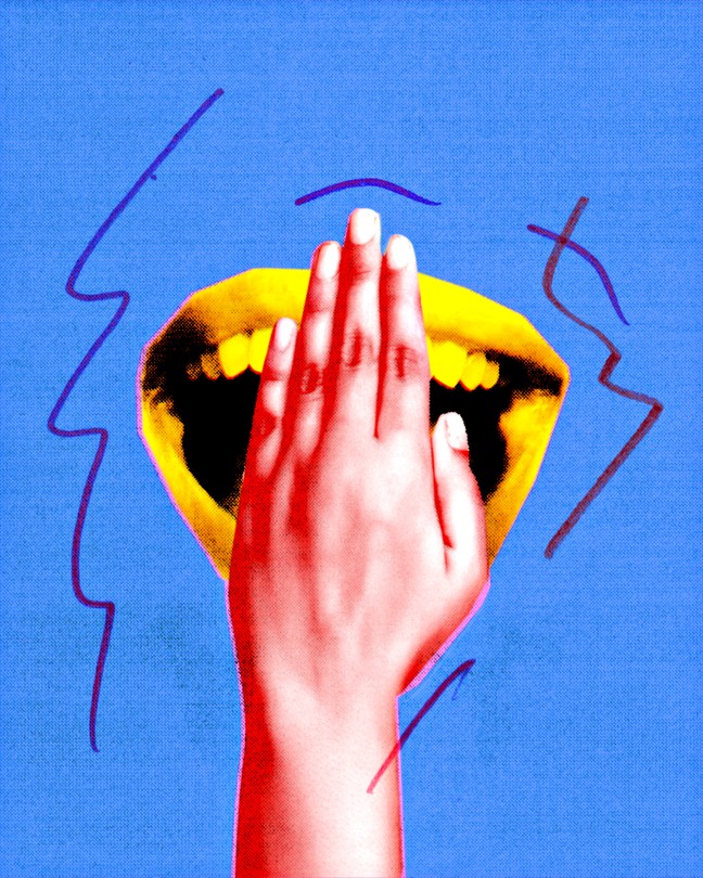 A collage of a hand covering a yellow open mouth, against a blue background with purple squiggles