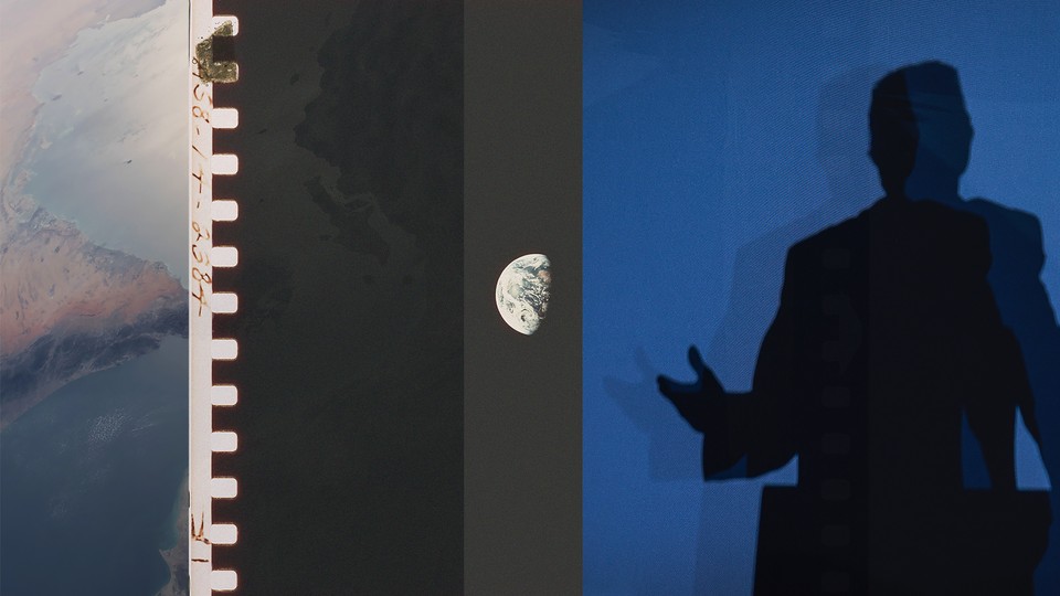 A silhouette of Donald Trump and a photo of Earth as seen from space