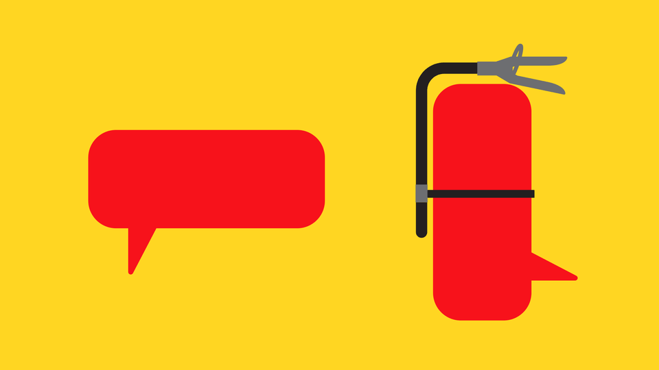 Two red text-bubble icons, one shaped like a fire extinguisher, on a yellow background