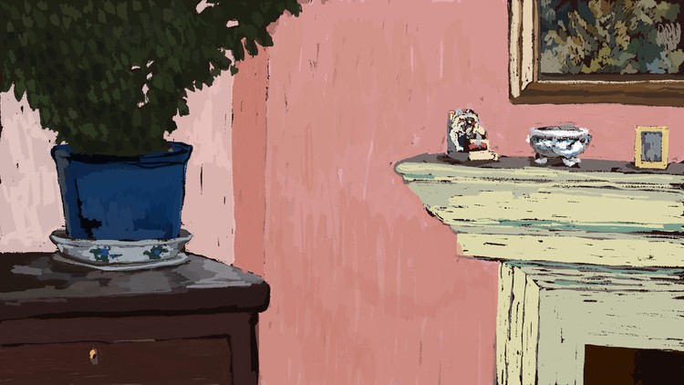 illustration of interior with fireplace mantel, porcelain sculptures, plant, and painting