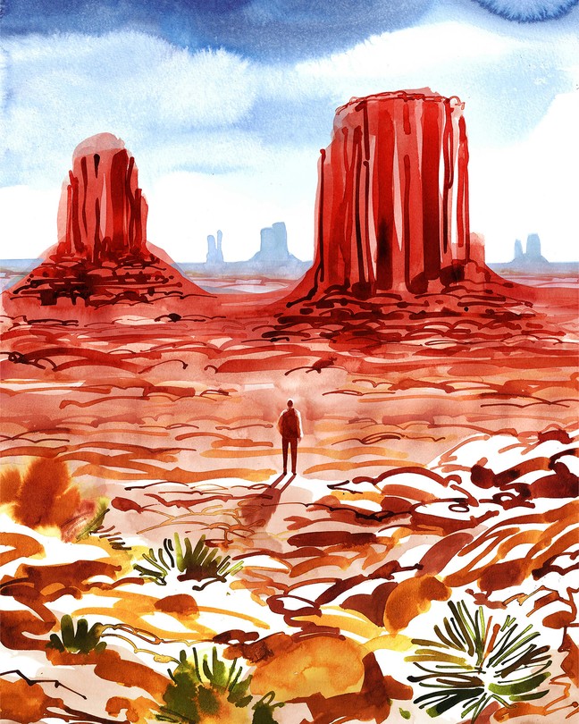 Watercolor-like illustration of a painted western landscape with buttes and a small figure standing in foreground.