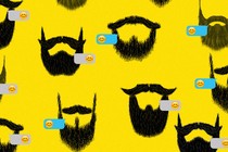 Illustrated beards and smiley-face emoji on a yellow background