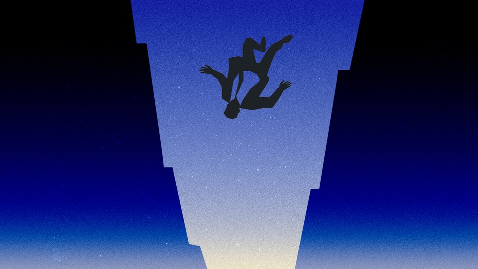 Illustration of a man in a suit and tie falling into a narrowing tunnel that fades from deep blue into warm light