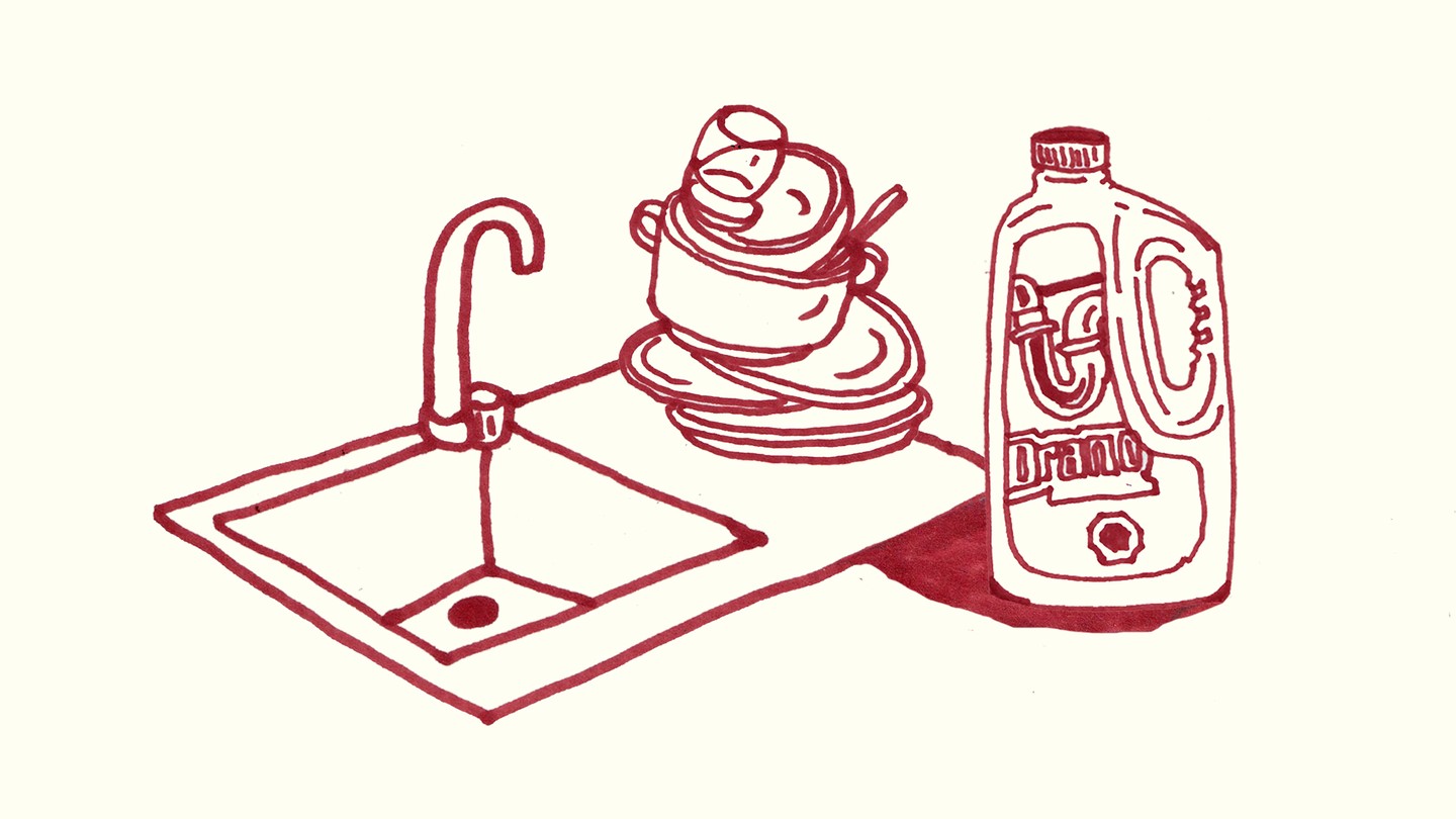 An illustration of a sink, Drano, and a pile of dishes against a cream-colored background