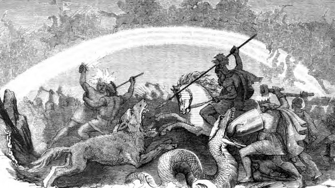 In this illustration, Odin rides to battle and aims his spear towards the gaping mouth of the wolf Fenrir, Thor defends against the serpent Jörmungandr with a shield while wielding his hammer Mjöllnir, Freyr and the flaming Surtr fight, and an immense battle goes on around and atop the rainbow bridge Bifröst behind them.
