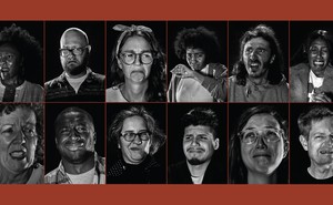 Portraits of twelve people making disgusted faces, ordered into two rows of six