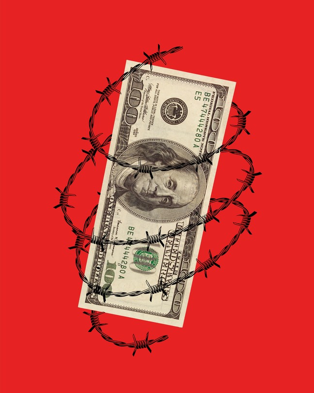 An illustration showing a $100 bill with barbed wire around it
