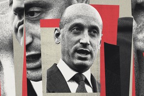 Multiple overlaid torn images of Stephen Miller