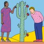 One person touches the needles of a cactus while another smells the cactus flowers.