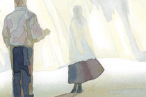 illustration of two people facing each other with a translucent cloth in between