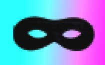 A pixilated image of a mask on a color-gradient background