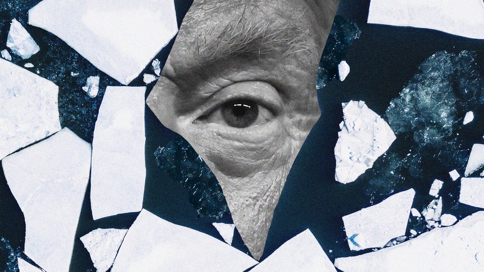 Collage showing one of Trump's eyes up close surrounded by breaking sheets of ice on the water