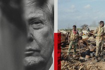 Black and white photo of Donald Trump (left); photo of two soldiers of the Somalia National Army in a village (right)
