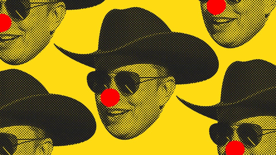 Black-and-yellow graphic of Elon Musk's face in a repeating pattern, with red clown noses added