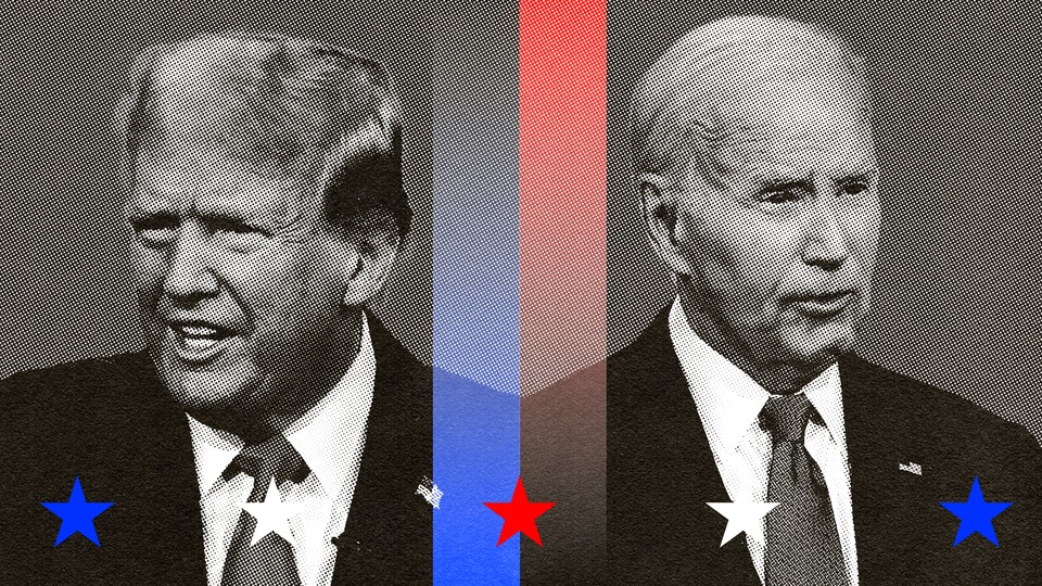 Newspaper-photo-style black-and-white images of Donald Trump and Joe Biden at Thursday's presidential debate