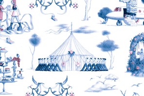 illustrations of wedding vignettes patterned like toile de jouy wallpaper: couple in flower arch, private jet with stacks of linens, tower of appetizers, mother and daughter arguing over a bill, army of people holding up a wedding tent