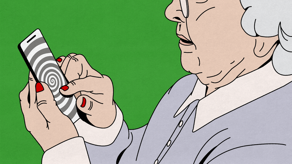 Illustration of an older woman holding a smartphone close to her face; the phone screen shows a black-and-white hypnotic spiral, suggesting manipulation or addictive pull, against a bright green background.