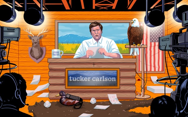 An illustration of Tucker Carlson surrounded by his new Americana-style set