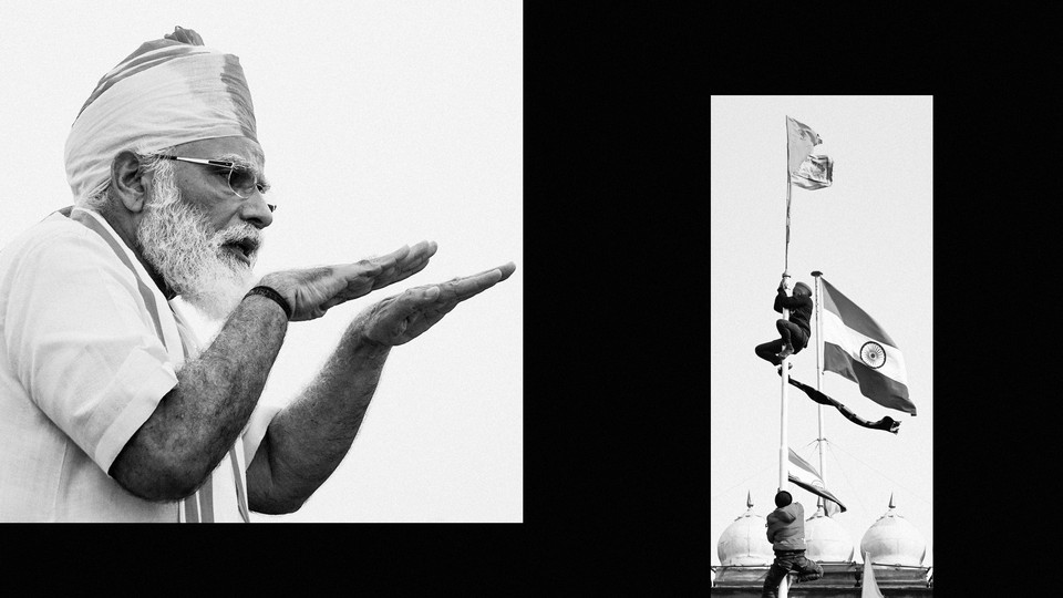 An image of Narendra Modi side by side with an image of protesters scaling a flagpole.