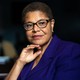 Karen Bass looks into the distance.