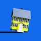 A yellow house tipping over in front of a blue background