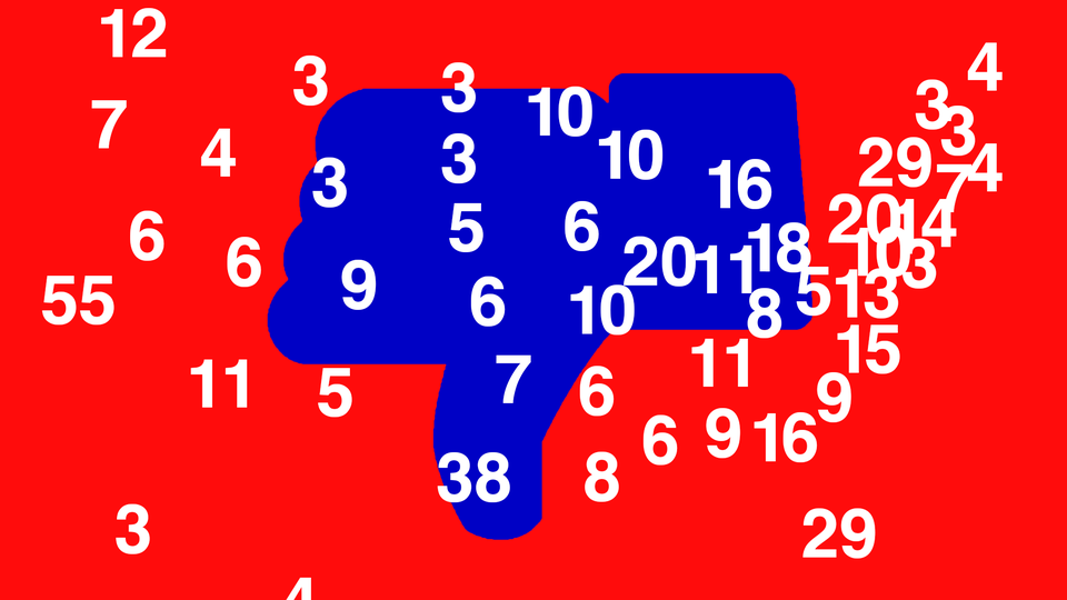 Against a red backdrop, a blue thumbs-down icon is overlaid with an assortment of numbers.