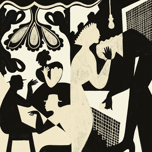 block illustration with black and white silhouettes of 2 men and a woman talking on left and on right silhouettes of two people under a hanging light bulb