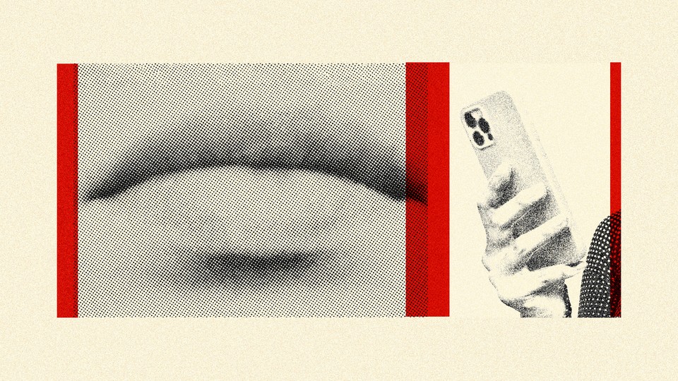 A black-and-white photograph of lips next to a photo of a hand holding an iPhone