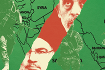 Map of Middle East, face of Ali Khamenei, and war imagery