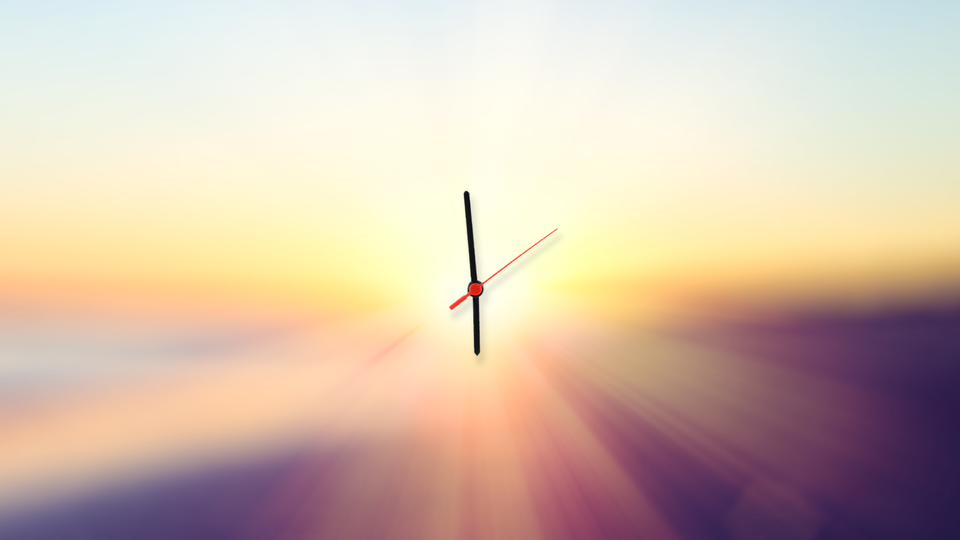 a clock almost at 6 a.m., overlaid onto a hazy sunrise