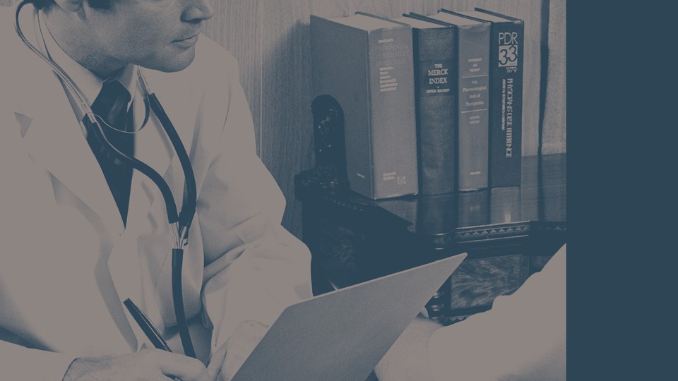 Dark blue-toned photo of a man in a lab coat wearing a stethoscope and holding a clipboard in front of a bookshelf