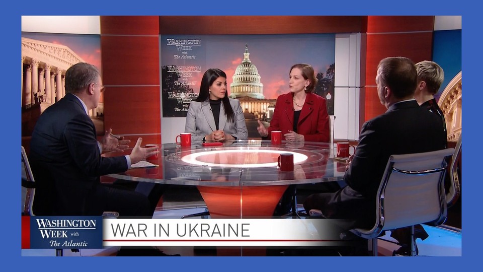 Guests talk around a table on the latest episode of Washington Week With the Atlantic
