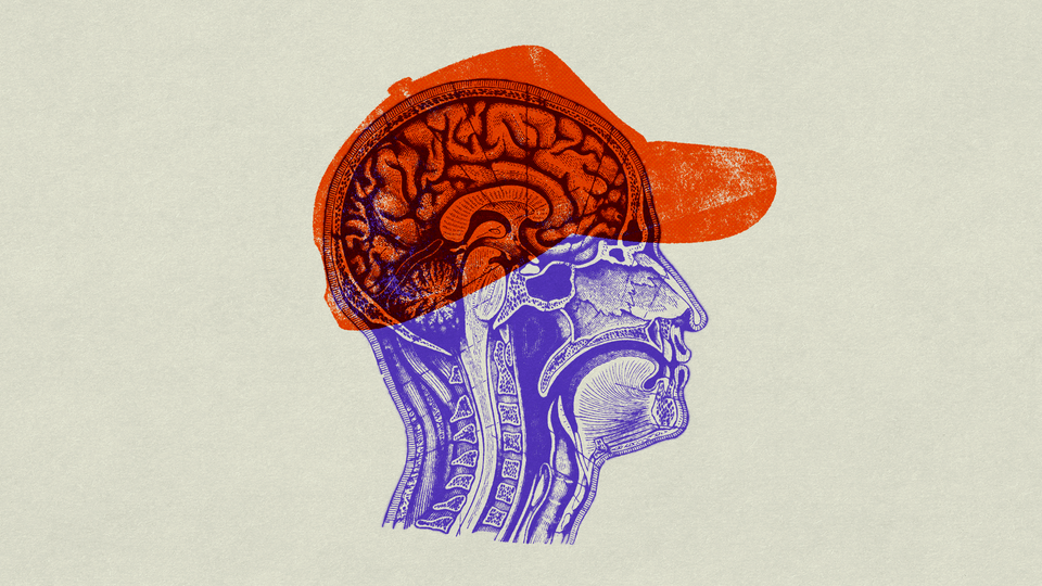 Illustration of a cross-section of a person's head with a translucent red hat placed over the brain.