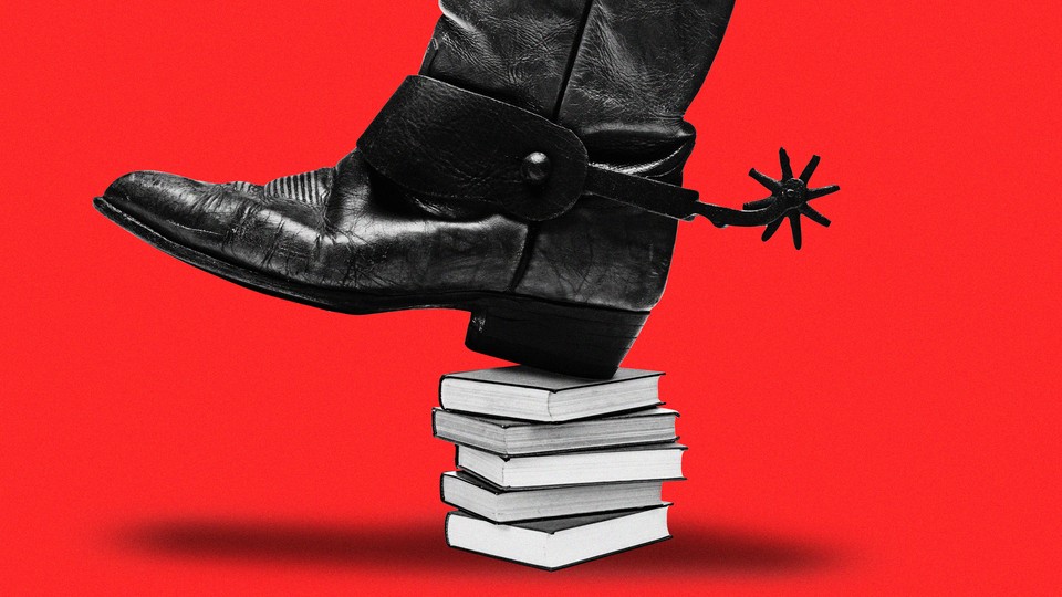 A black cowboy boot steps on a pile of books, against a red background