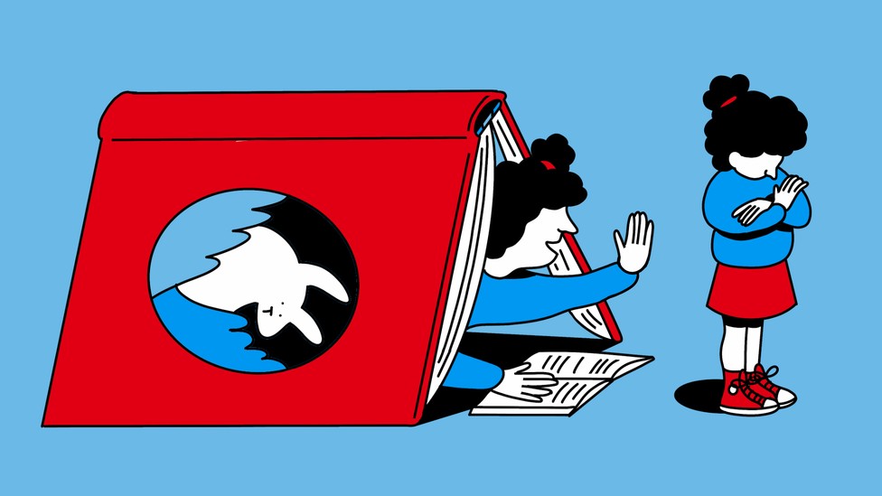 An illustration of a mother crawling out of a giant book and trying to get her daughter's attention. Her daughter stands aside, arms crossed.