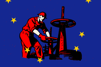 An illustration of a Soviet-style worker turning off a giant spigot
