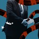 On a deep cerulean background a person is wearing a suit with white stars falling out of their jacket pocket. They reach to shake hands with another person in a suit. Red and black snakes entangle the duo.