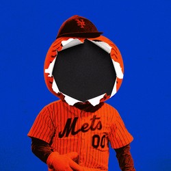 An illustration of Mr. Met with a baseball-shaped hole through his face