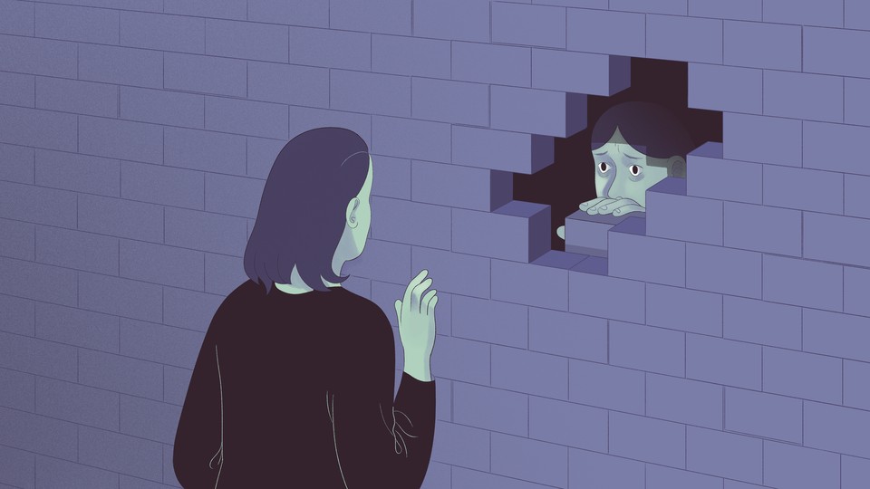 An illustration of a friend trying to reach another friend through a wall