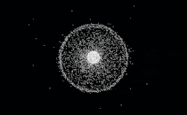 A computer-generated image of objects in Earth orbit that are currently being tracked, nearly all of which are orbital debris, not functional satellites.