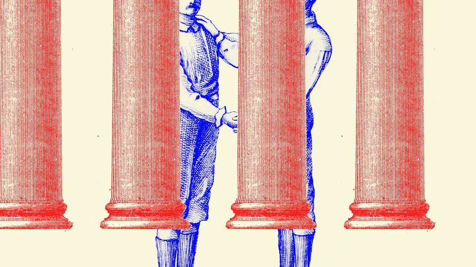 An illustration of columns of the Supreme Court and two men shaking hands