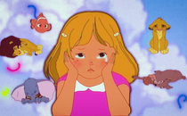 A crying child surrounded by images from "Dumbo," "The Lion King," "Finding Nemo," and "Bambi"